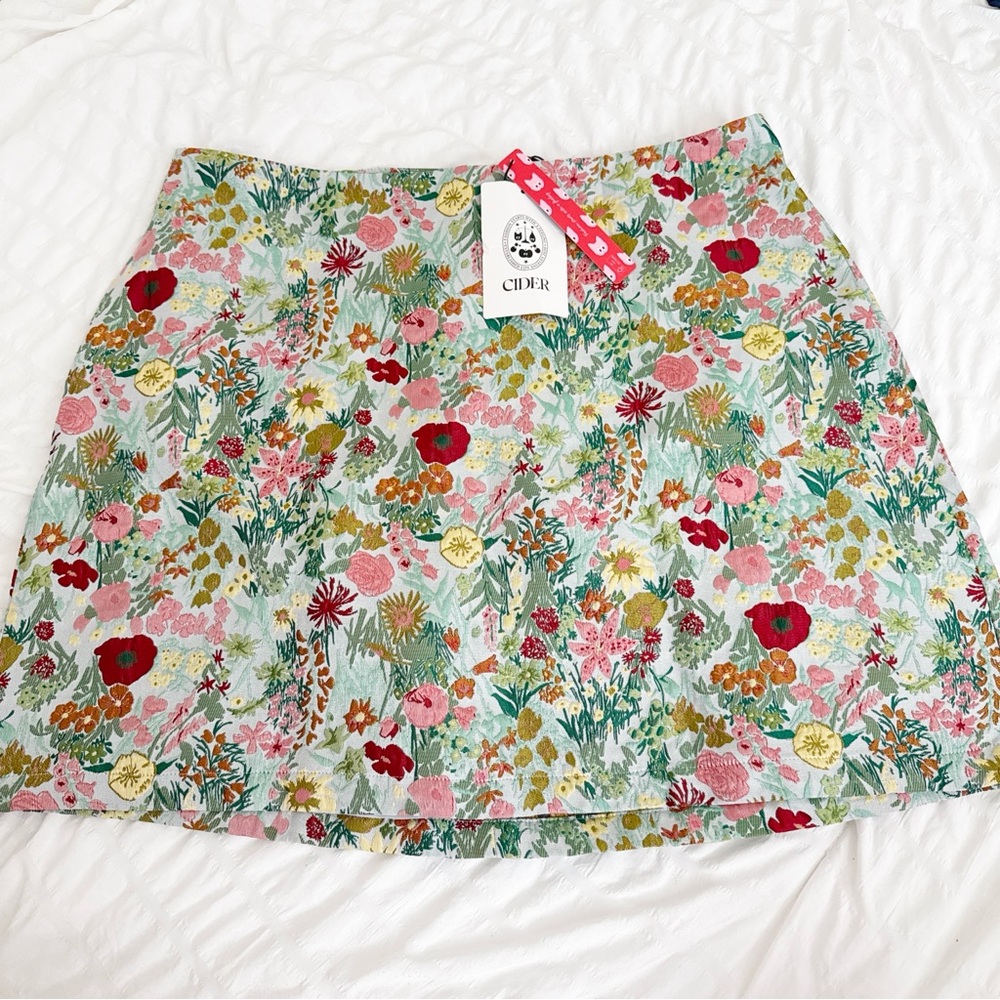 Cider Mint Floral Mini Skirt with Pink & Red Blooms